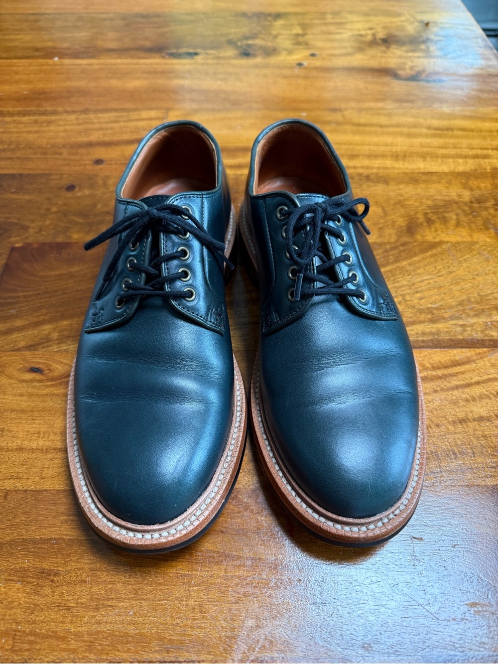Grant Stone Classic Men's Blue Leather Derby Shoes with Tan Welt